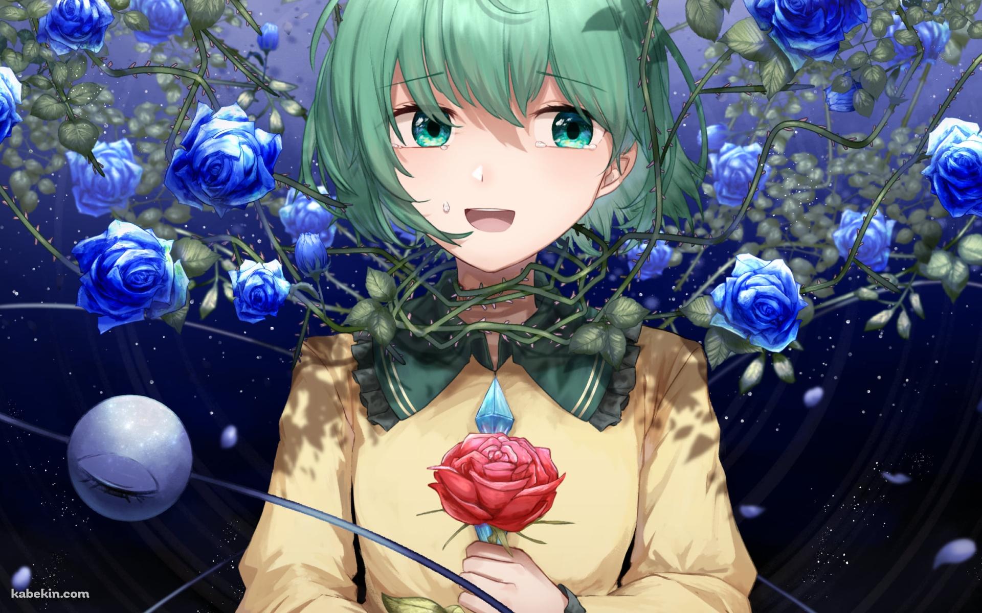青い薔薇に囲まれた赤い薔薇を持つ古明地こいし / 東方の壁紙(1920px x 1200px) 高画質 PC・デスクトップ用