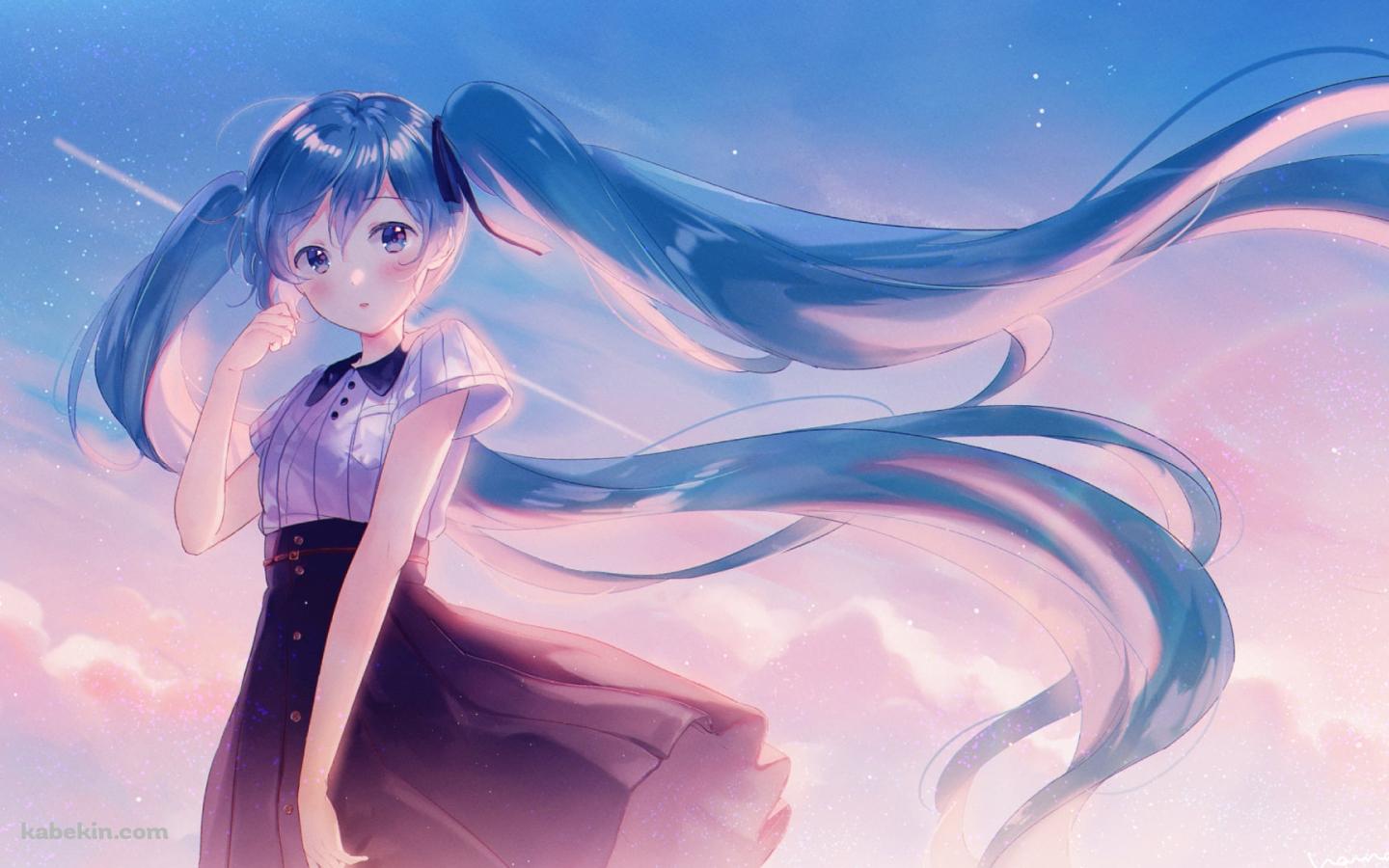 水彩で描いた初音ミク / 夕暮れ / 飛行機雲 / ボカロ / ボーカロイドの壁紙(1440px x 900px) 高画質 PC・デスクトップ用