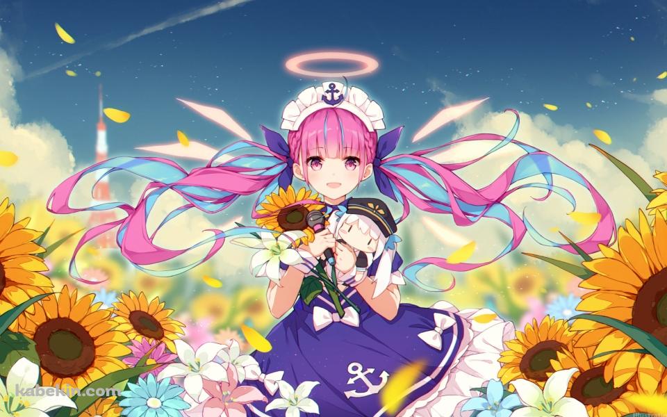 カラフルな花畑と笑顔の湊あくあ / 向日葵 / 天使の輪 / ホロライブ / バーチャルYouTuber / Vtuberの壁紙(960px x 600px) 高画質 PC・デスクトップ用