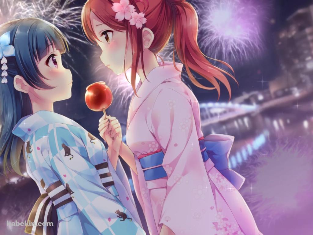 リンゴ飴を持って見つめ合う可愛い桜内梨子と津島善子 / ラブライブ!サンシャイン!!の壁紙(1024px x 768px) 高画質 PC・デスクトップ用
