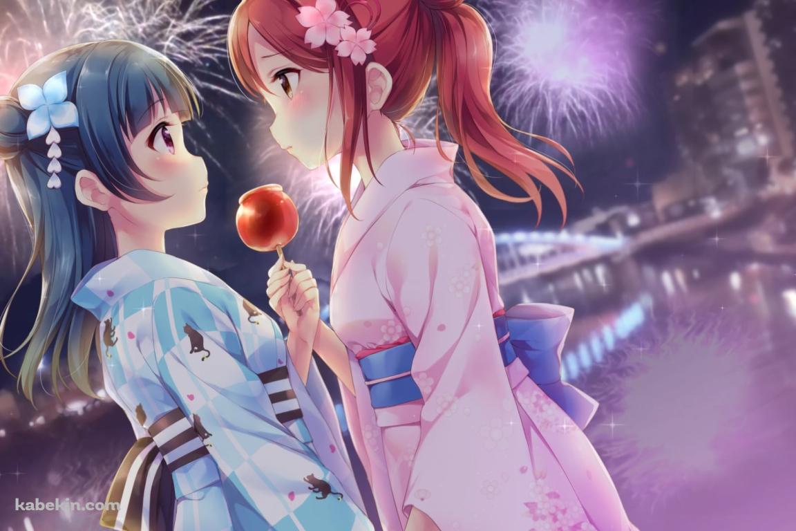 リンゴ飴を持って見つめ合う可愛い桜内梨子と津島善子 / ラブライブ!サンシャイン!!の壁紙(1152px x 768px) 高画質 PC・デスクトップ用