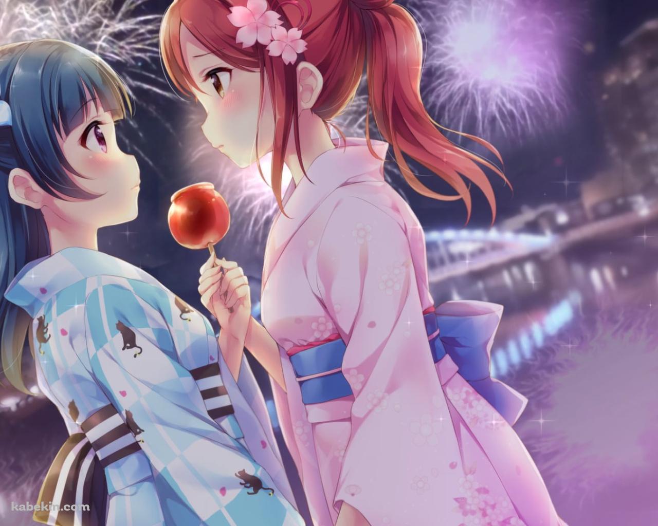 リンゴ飴を持って見つめ合う可愛い桜内梨子と津島善子 / ラブライブ!サンシャイン!!の壁紙(1280px x 1024px) 高画質 PC・デスクトップ用
