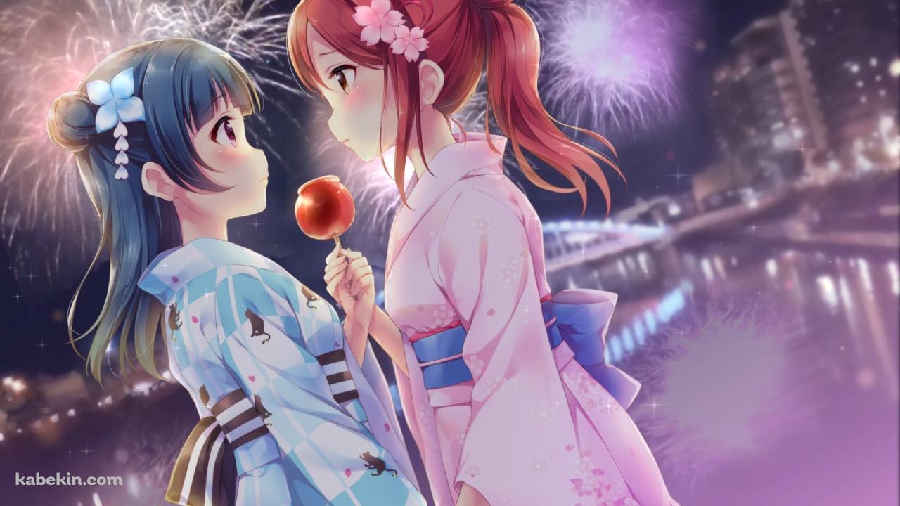 リンゴ飴を持って見つめ合う可愛い桜内梨子と津島善子 / ラブライブ!サンシャイン!!の壁紙(1280px x 720px) 高画質 PC・デスクトップ用