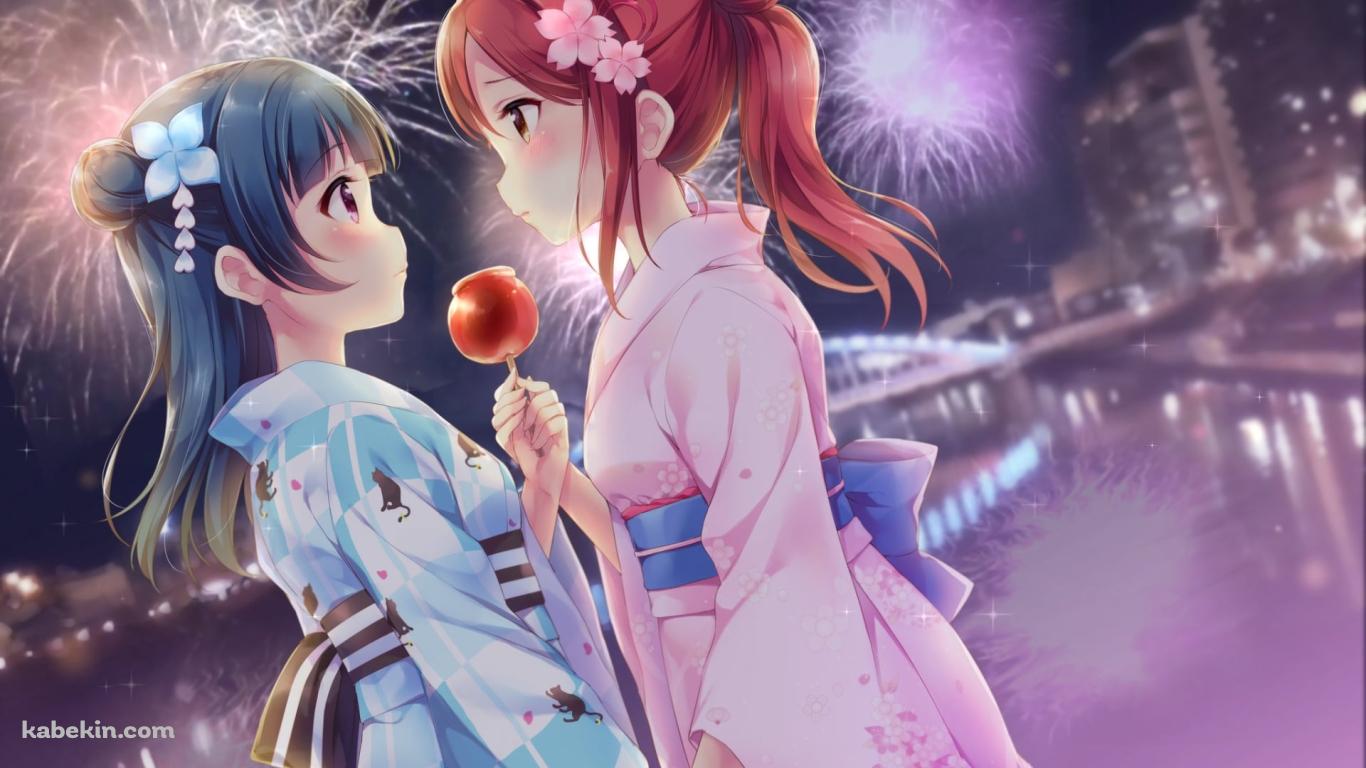 リンゴ飴を持って見つめ合う可愛い桜内梨子と津島善子 / ラブライブ!サンシャイン!!の壁紙(1366px x 768px) 高画質 PC・デスクトップ用