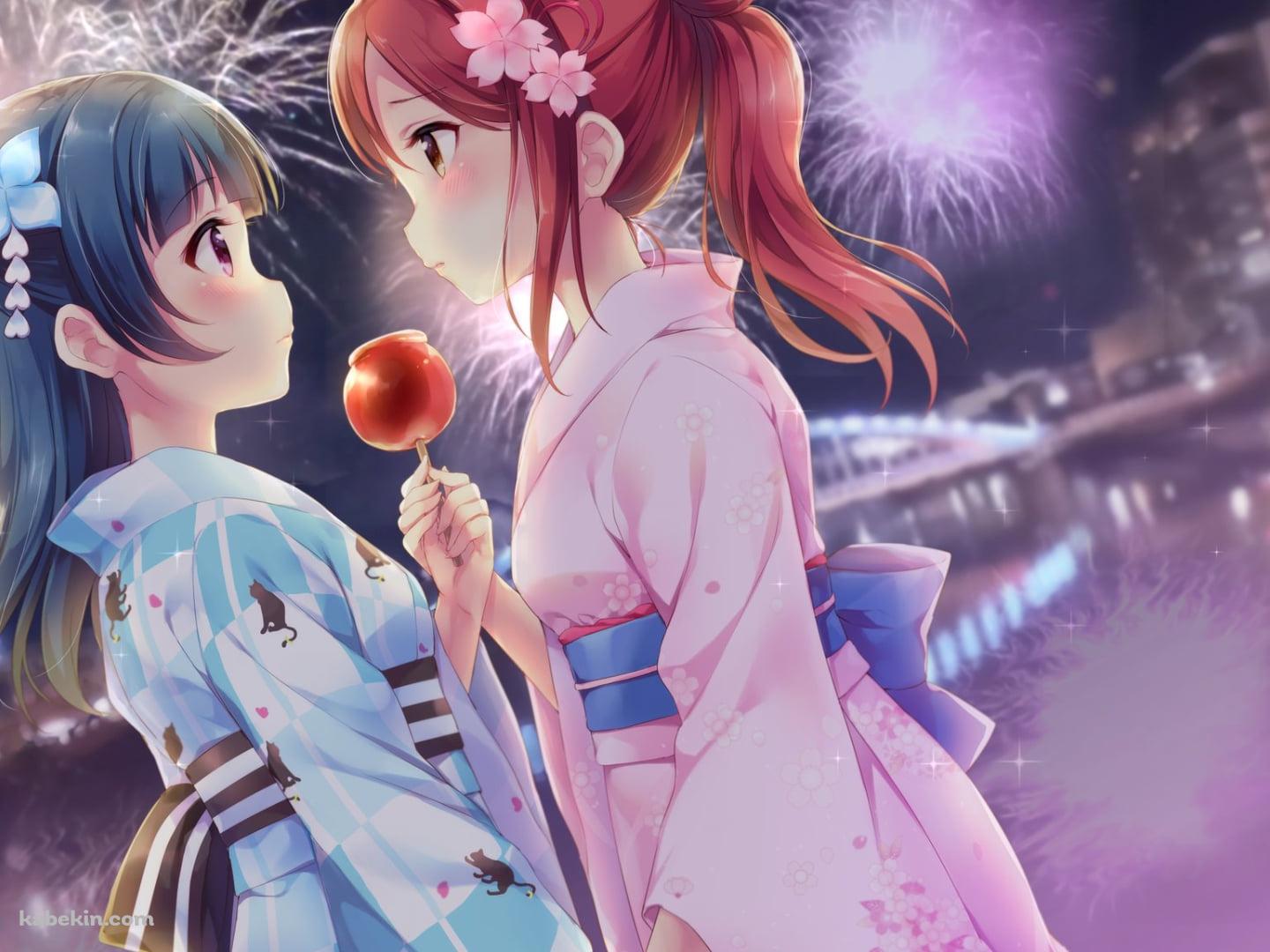 リンゴ飴を持って見つめ合う可愛い桜内梨子と津島善子 / ラブライブ!サンシャイン!!の壁紙(1440px x 1080px) 高画質 PC・デスクトップ用