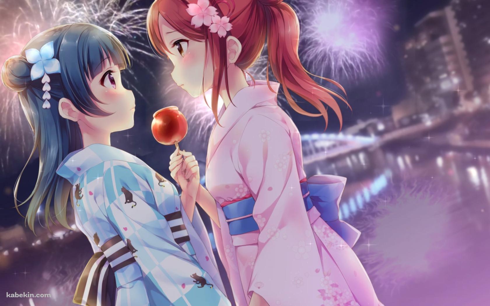 リンゴ飴を持って見つめ合う可愛い桜内梨子と津島善子 / ラブライブ