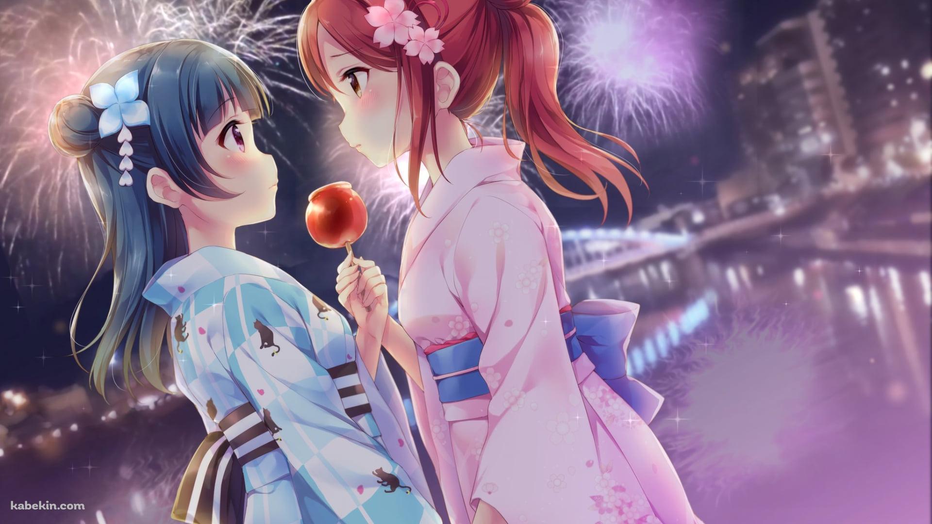 リンゴ飴を持って見つめ合う可愛い桜内梨子と津島善子 / ラブライブ!サンシャイン!!の壁紙(1920px x 1080px) 高画質 PC・デスクトップ用