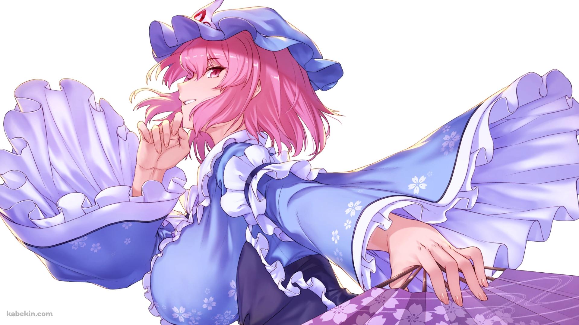 紫の扇子を持ち微笑む綺麗な西行寺幽々子（さいぎょうじ ゆゆこ） / 東方の壁紙(1920px x 1080px) 高画質 PC・デスクトップ用