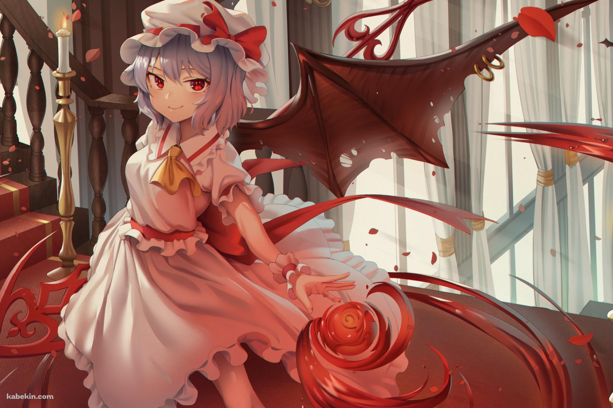 赤い階段の踊り場で魔法を詠唱するレミリア・スカーレット / 東方の壁紙(2000px x 1333px) 高画質 PC・デスクトップ用