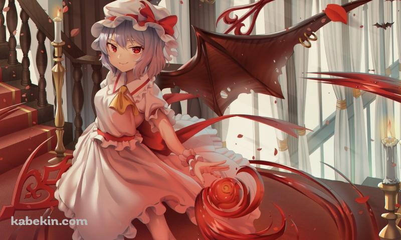 赤い階段の踊り場で魔法を詠唱するレミリア・スカーレット / 東方の壁紙(800px x 480px) 高画質 PC・デスクトップ用