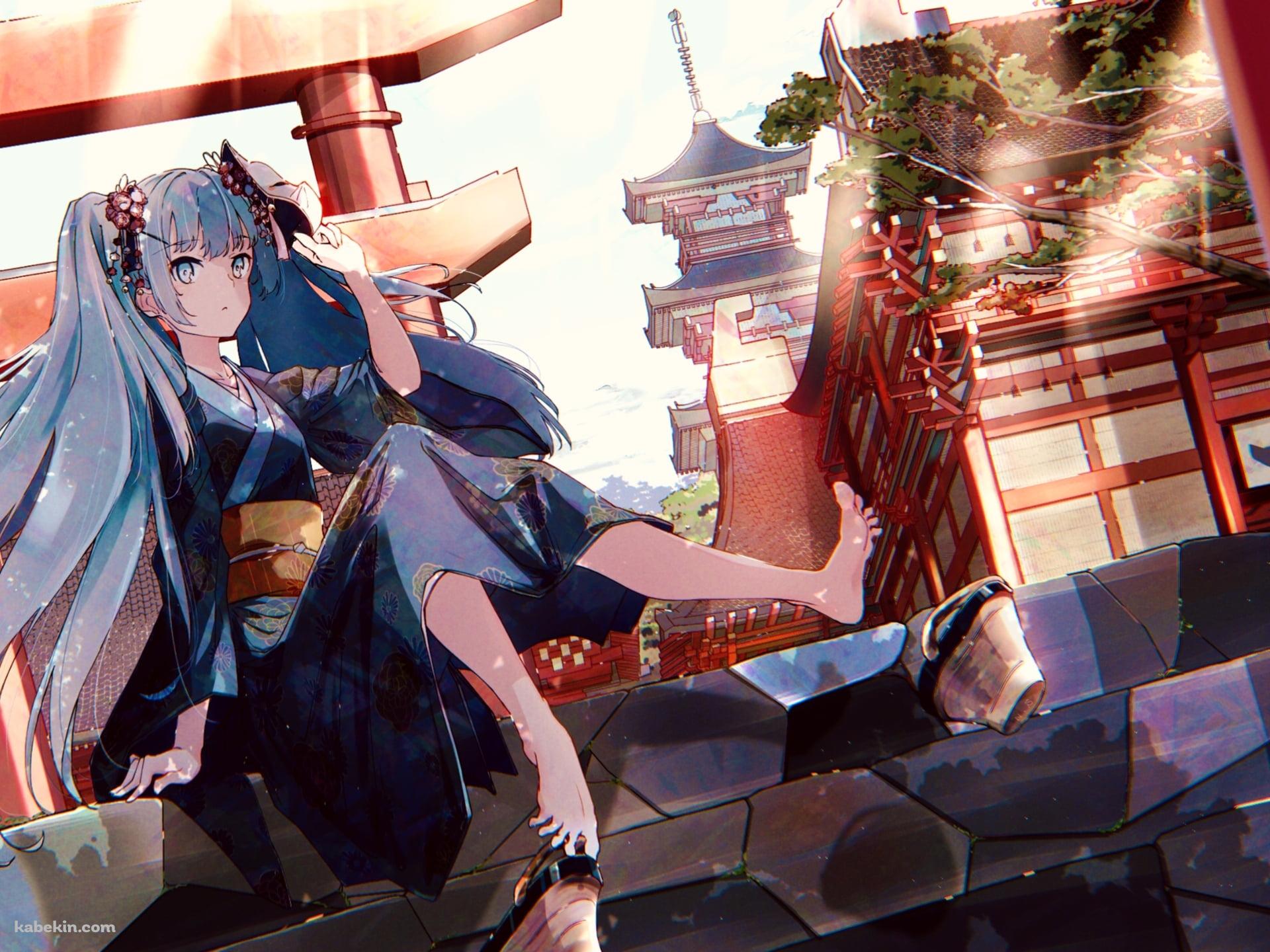 石の階段に座る青い浴衣を着た可愛い初音ミク / 赤い鳥居 / ツインテール / 五重塔 / ボカロ / ボーカロイドの壁紙(1920px x 1440px) 高画質 PC・デスクトップ用