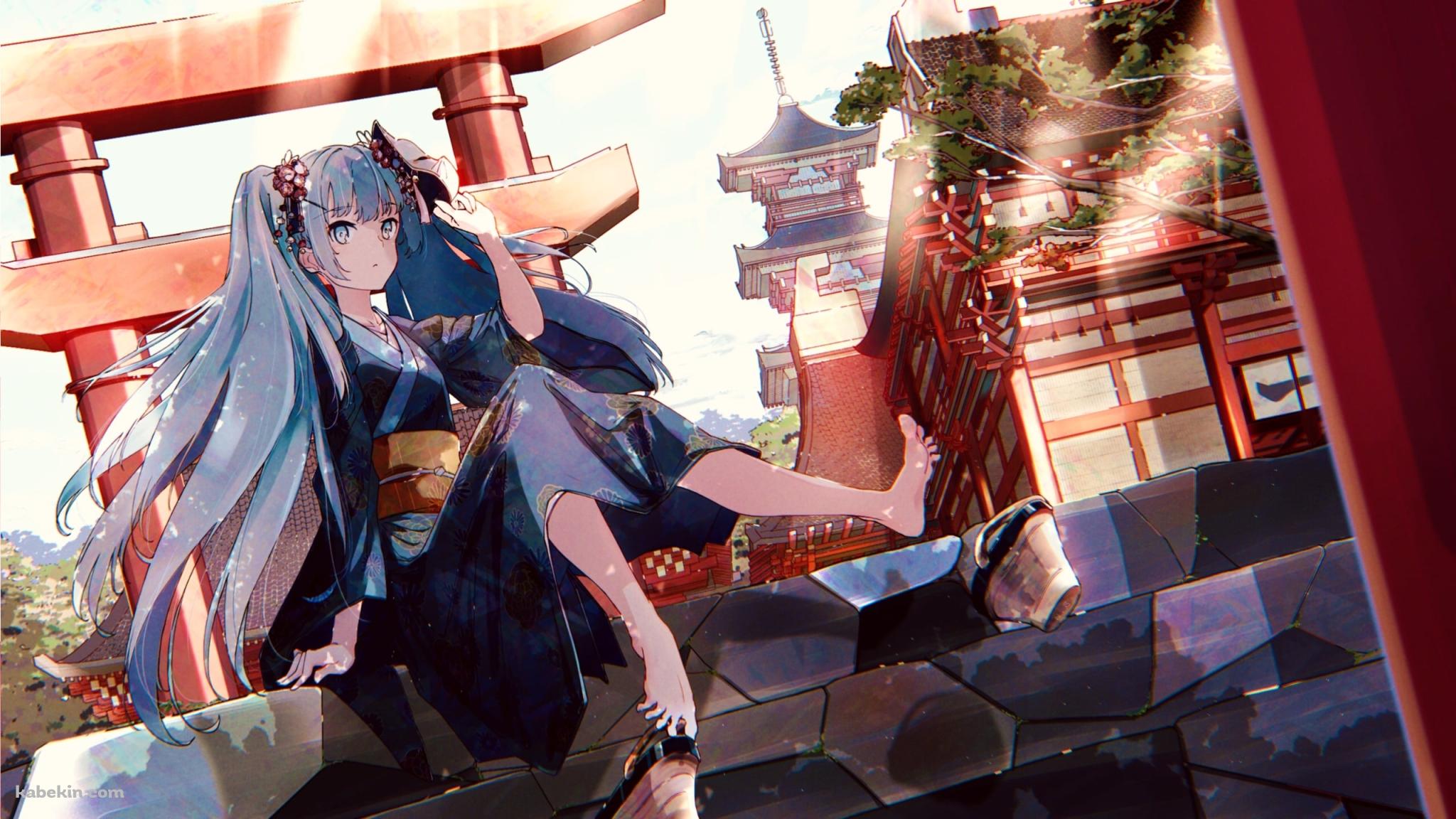 石の階段に座る青い浴衣を着た可愛い初音ミク / 赤い鳥居 / ツインテール / 五重塔 / ボカロ / ボーカロイドの壁紙(2048px x 1152px) 高画質 PC・デスクトップ用