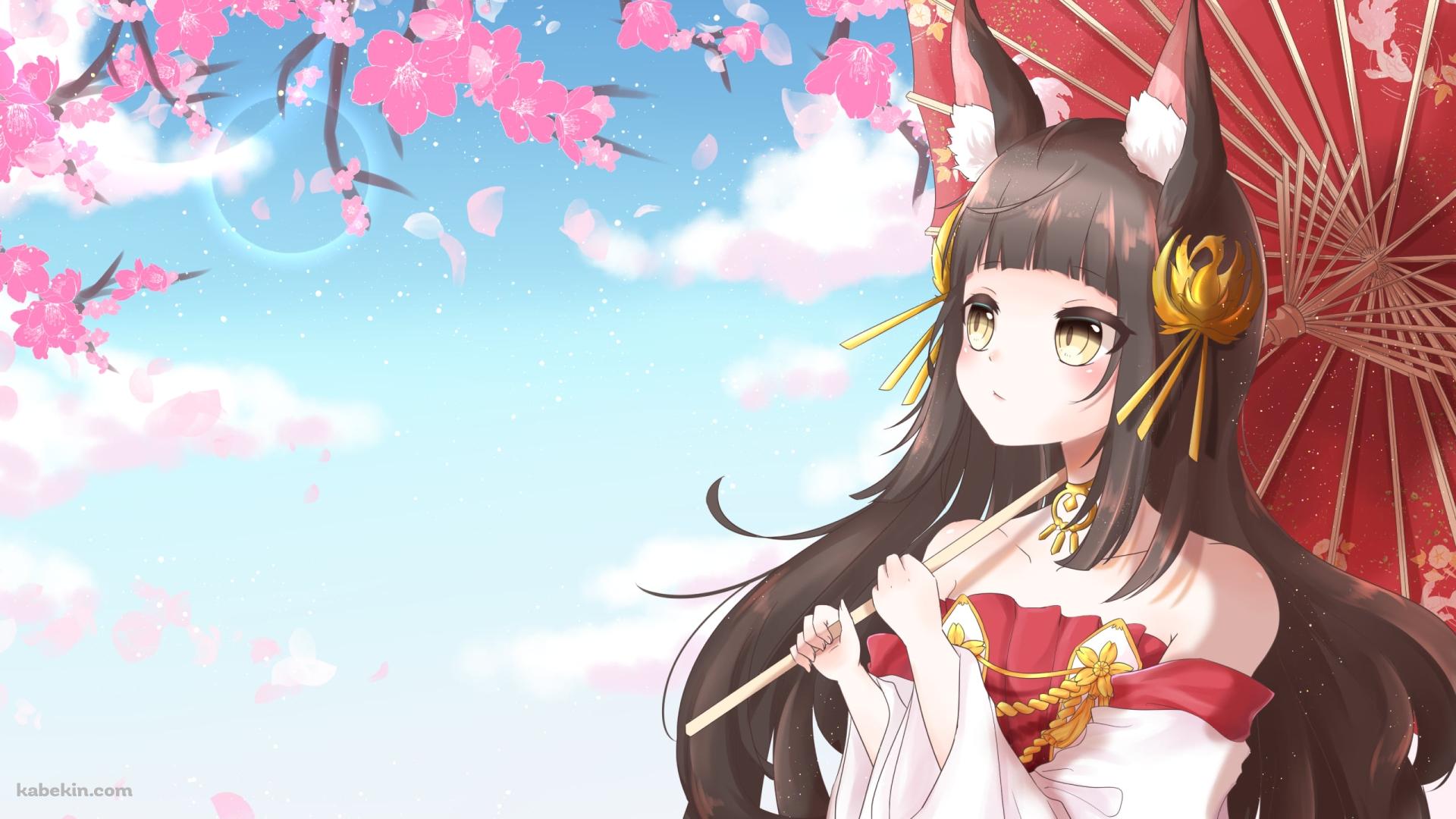 桜の花を見る和傘をさした長門 / アズールレーンの壁紙(1920px x 1080px) 高画質 PC・デスクトップ用