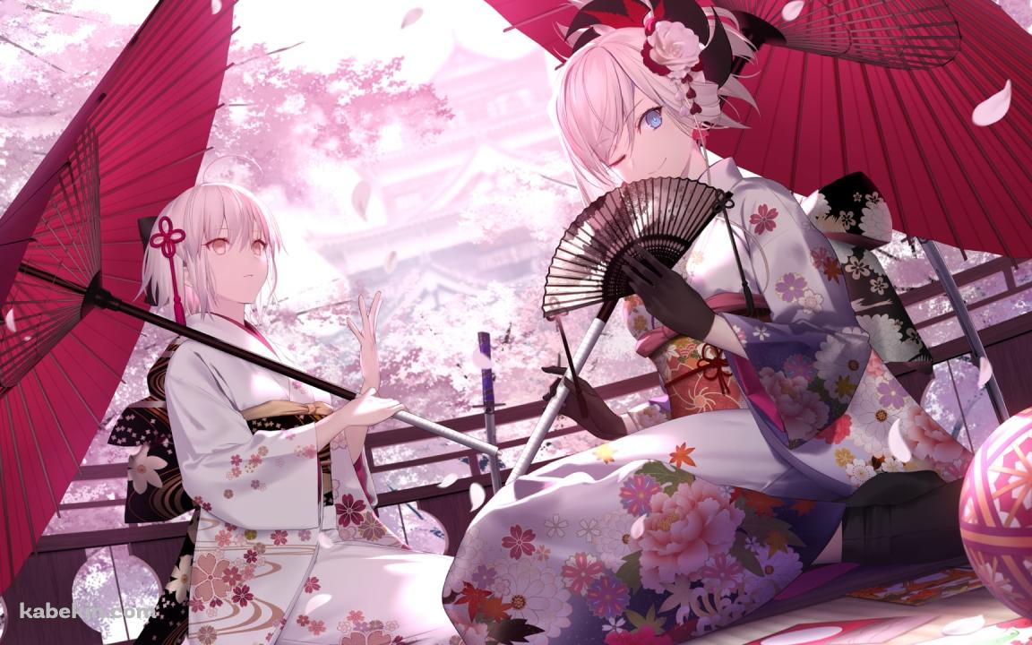 赤い和傘をさした白い着物を着た沖田総司と宮本武蔵 / fate/grand orderの壁紙(1152px x 720px) 高画質 PC・デスクトップ用