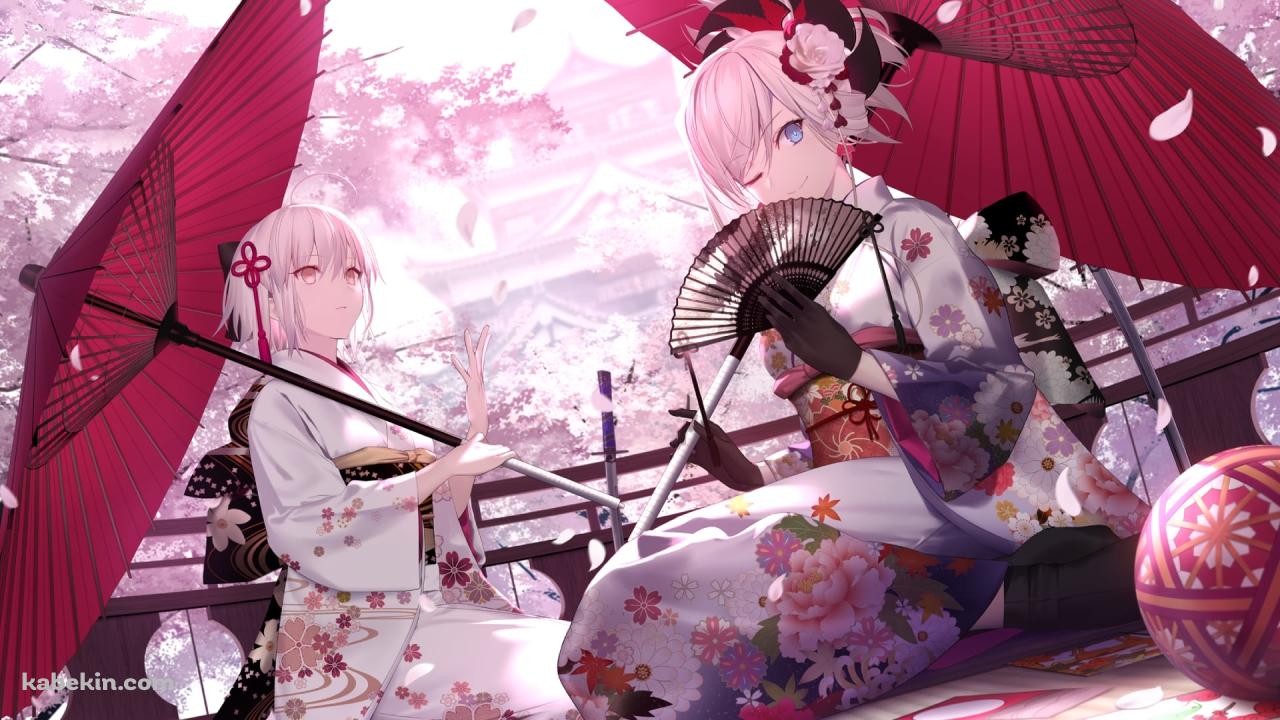 赤い和傘をさした白い着物を着た沖田総司と宮本武蔵 / fate/grand orderの壁紙(1280px x 720px) 高画質 PC・デスクトップ用