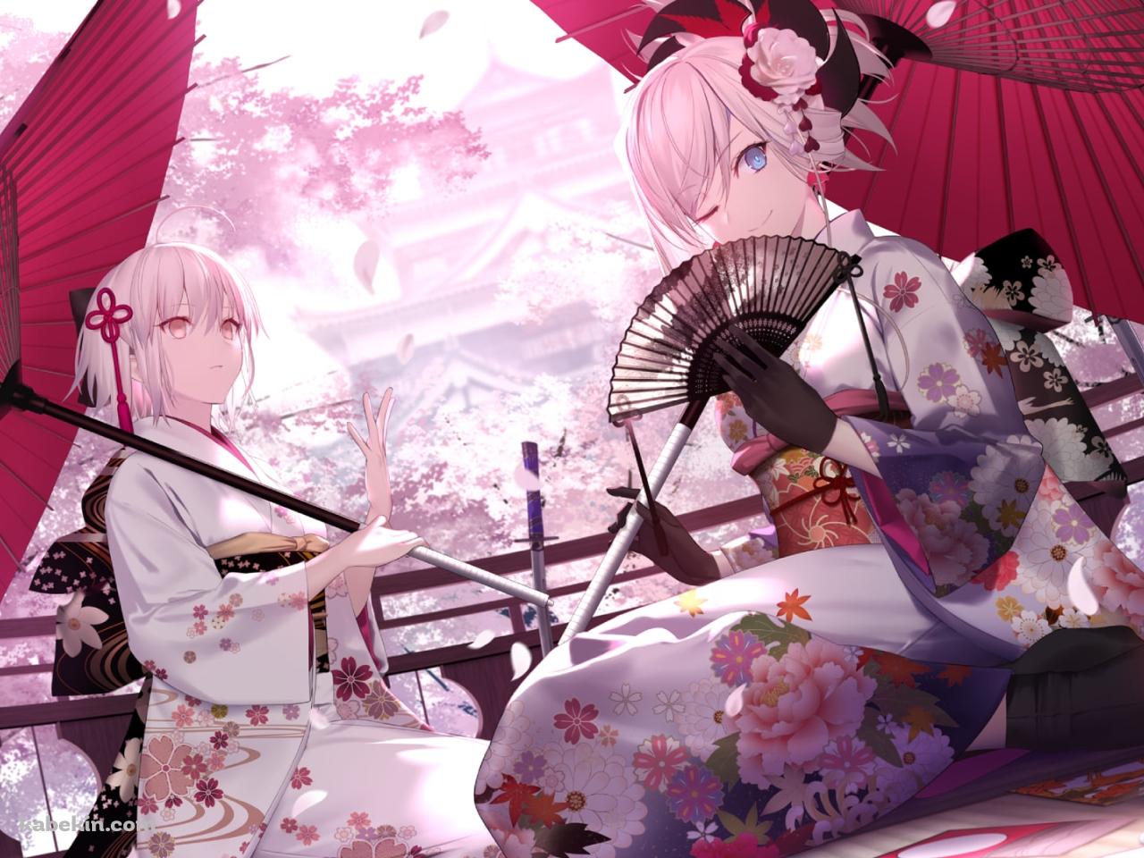 赤い和傘をさした白い着物を着た沖田総司と宮本武蔵 / fate/grand orderの壁紙(1280px x 960px) 高画質 PC・デスクトップ用