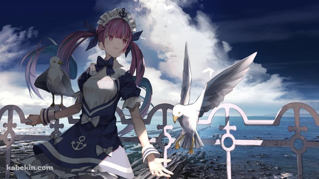 波止場の湊あくあとカモメ / ホロライブ / バーチャルYouTuber / Vtuberの壁紙(1051px x 591px) 高画質 PC・デスクトップ用