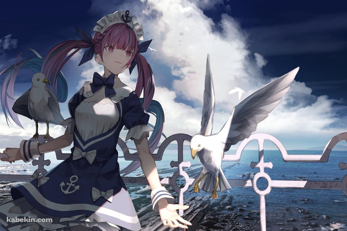 波止場の湊あくあとカモメ / ホロライブ / バーチャルYouTuber / Vtuberの壁紙(1152px x 768px) 高画質 PC・デスクトップ用