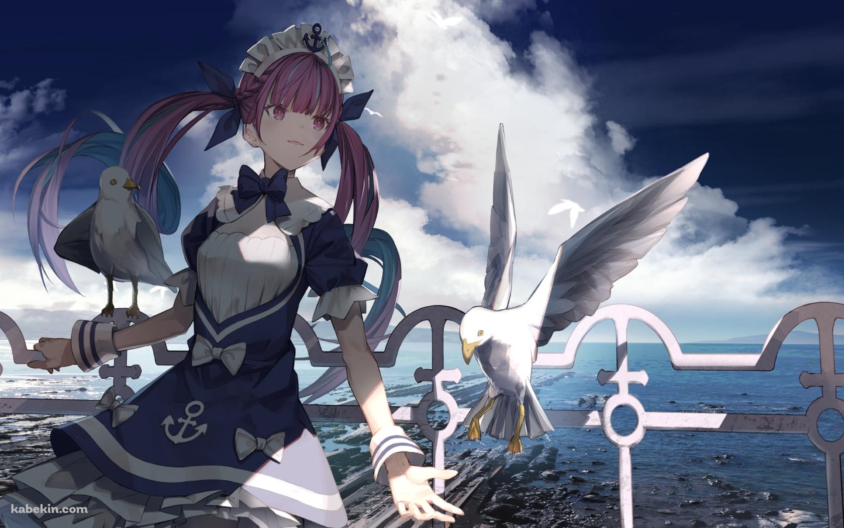 波止場の湊あくあとカモメ / ホロライブ / バーチャルYouTuber / Vtuberの壁紙(1680px x 1050px) 高画質 PC・デスクトップ用