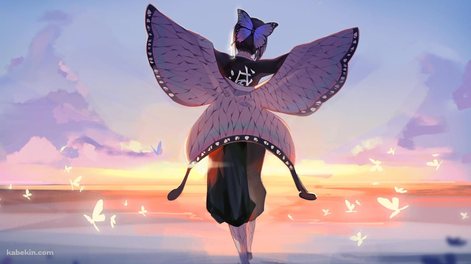 日の出を眺める胡蝶しのぶの後ろ姿 / 海 / 大きな蝶の衣装 / 鬼滅の刃の壁紙(1536px x 864px) 高画質 PC・デスクトップ用