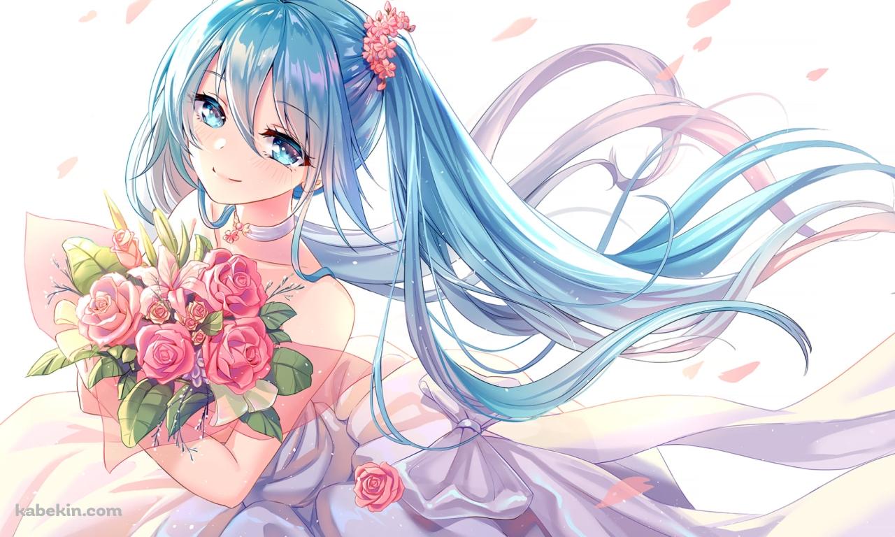 ピンクの薔薇の花束を持つ綺麗な初音ミク / ボカロ / ボーカロイドの壁紙(1280px x 768px) 高画質 PC・デスクトップ用