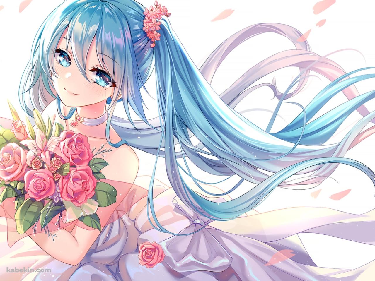 ピンクの薔薇の花束を持つ綺麗な初音ミク / ボカロ / ボーカロイドの壁紙(1280px x 960px) 高画質 PC・デスクトップ用