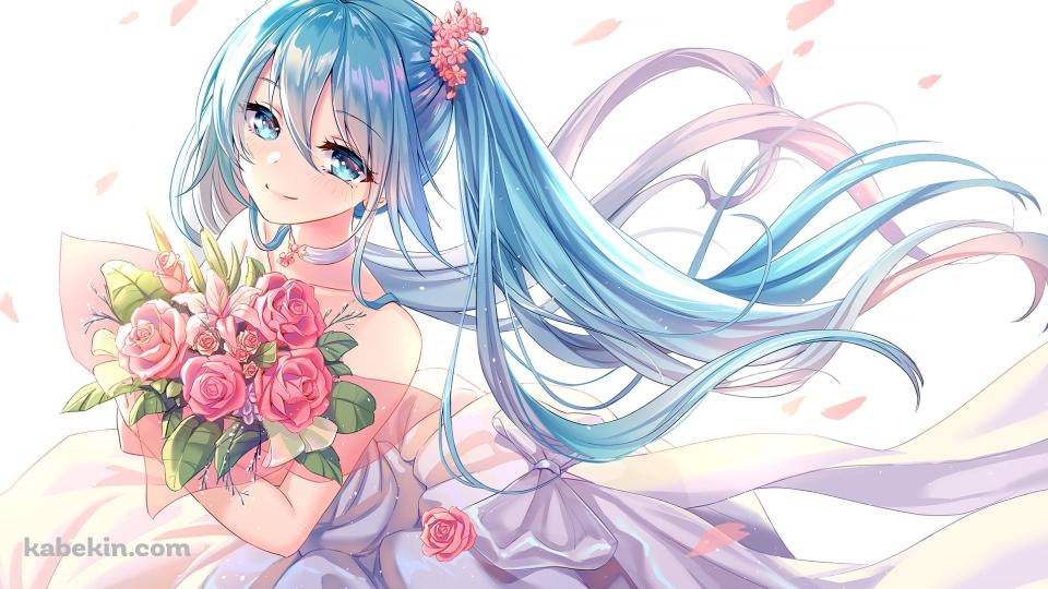 ピンクの薔薇の花束を持つ綺麗な初音ミク / ボカロ / ボーカロイドの壁紙(960px x 540px) 高画質 PC・デスクトップ用