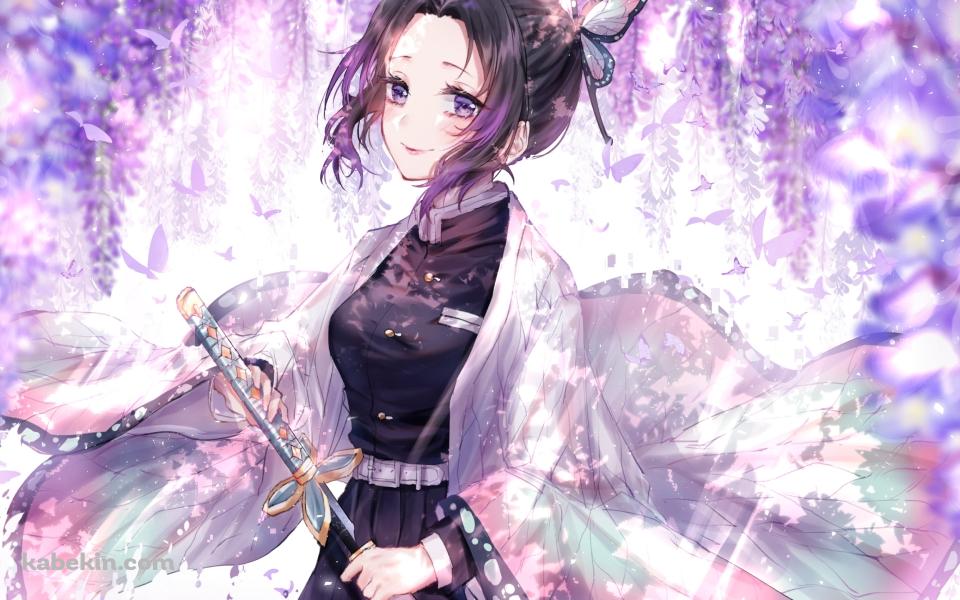 刀に手をかける可愛い胡蝶しのぶ / 藤の花 / 鬼滅の刃の壁紙(960px x 600px) 高画質 PC・デスクトップ用