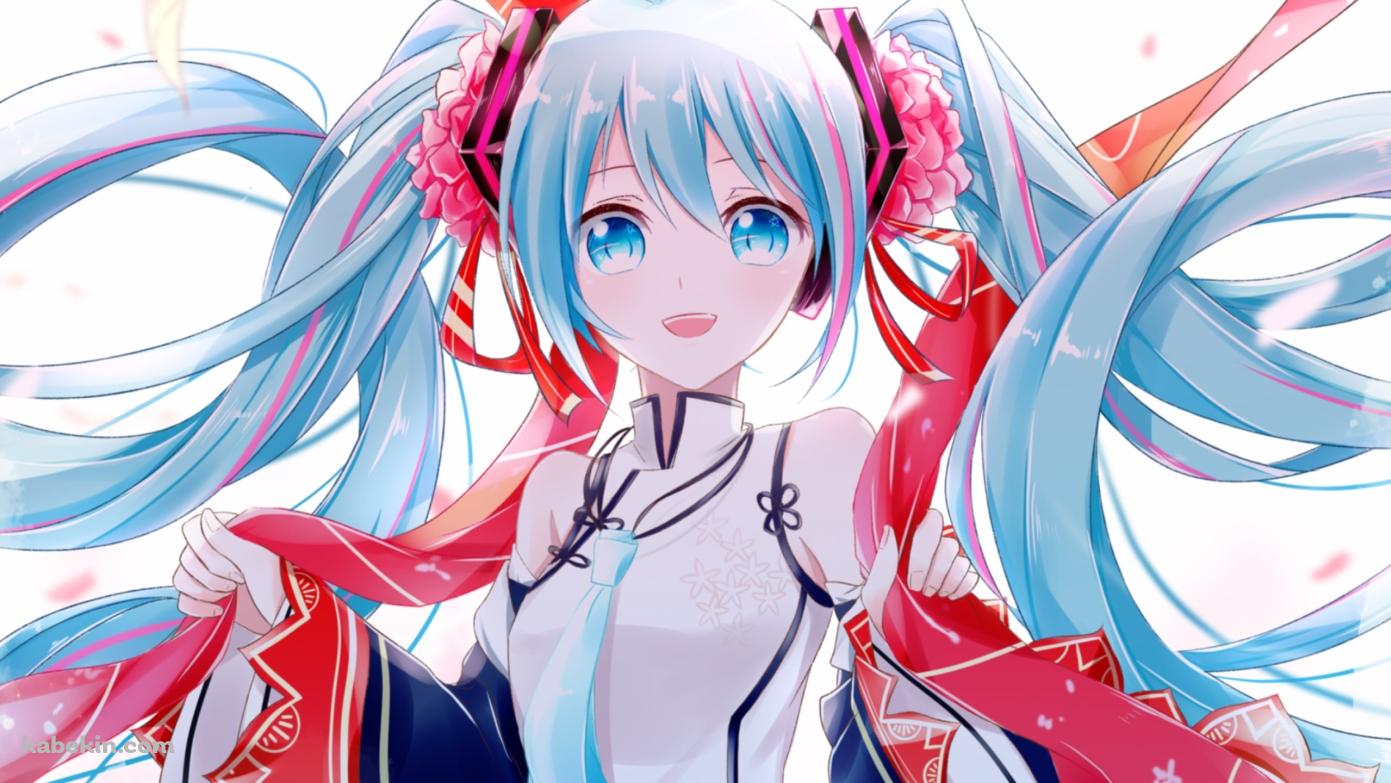 白・赤・青の衣装を着た笑顔の初音ミク / ボカロ / ボーカロイドの壁紙(1391px x 783px) 高画質 PC・デスクトップ用