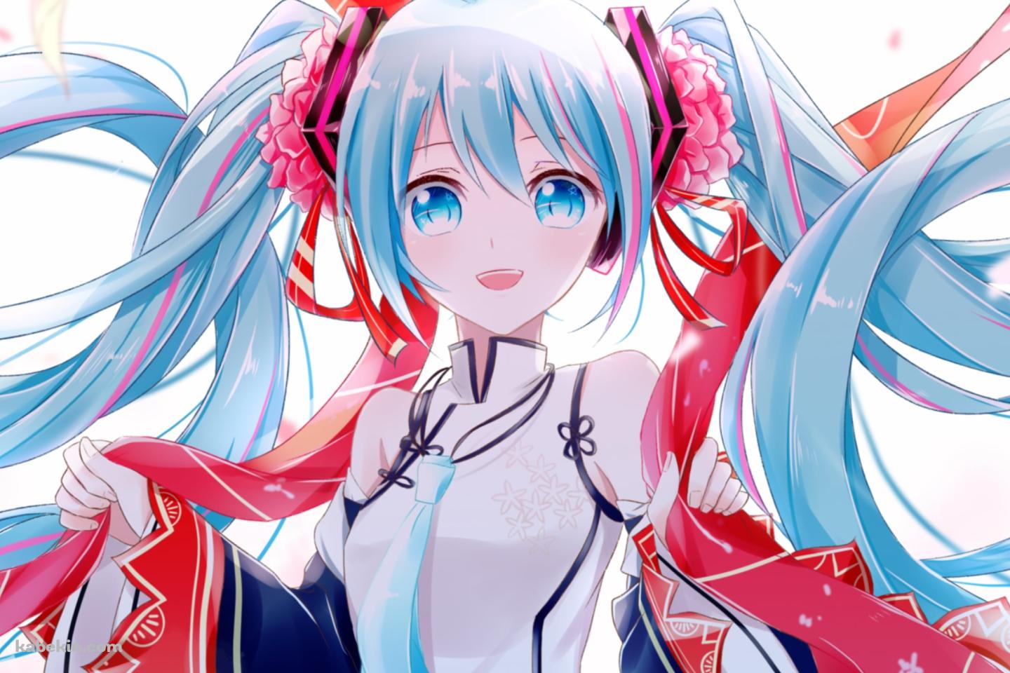 白・赤・青の衣装を着た笑顔の初音ミク / ボカロ / ボーカロイドの壁紙(1440px x 960px) 高画質 PC・デスクトップ用