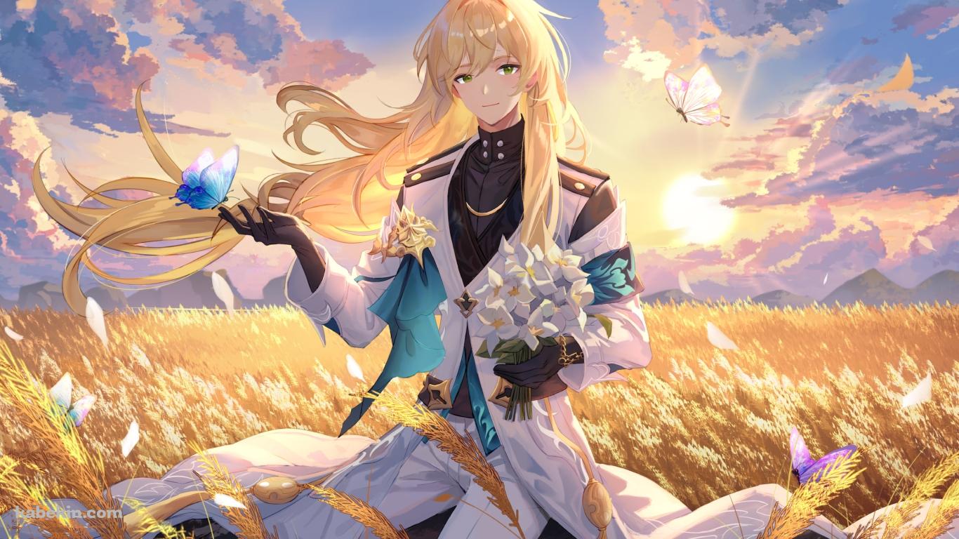 麦畑と羅刹 / 稲穂 / 百合の花 / 青い蝶 / ピンクの蝶 / 崩壊:スターレイルの壁紙(1366px x 768px) 高画質 PC・デスクトップ用