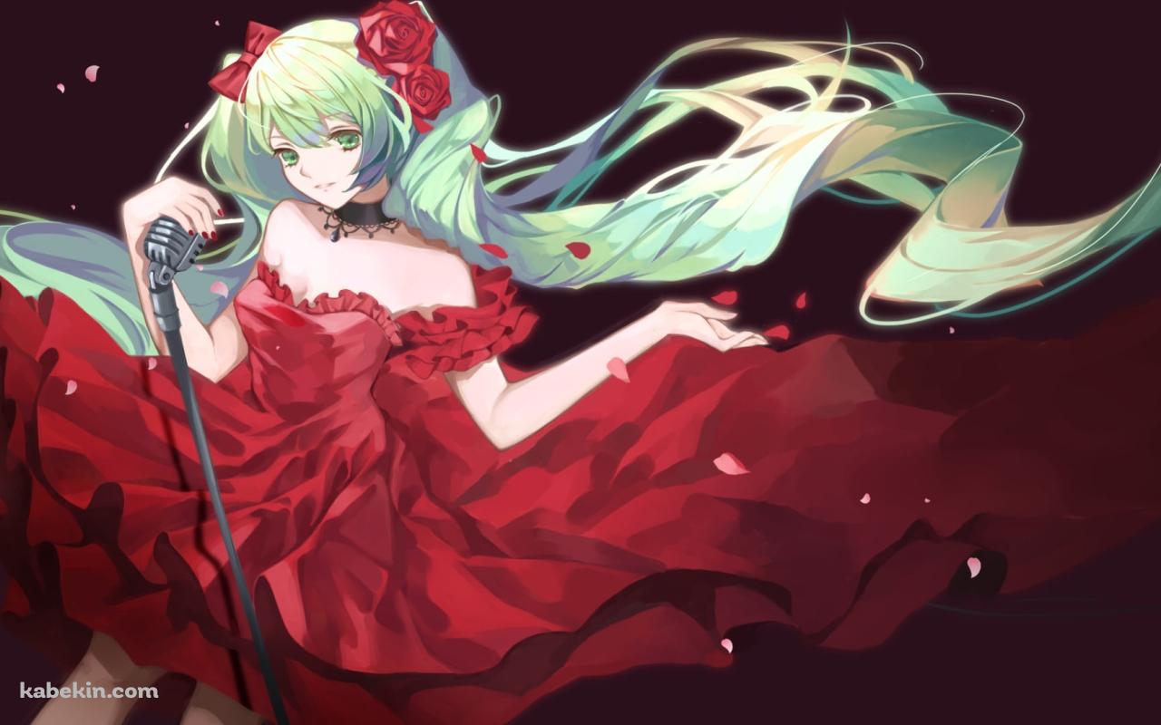 赤いドレスを着てマイクスタンドに手をかける初音ミク / ボカロ / ボーカロイドの壁紙(1280px x 800px) 高画質 PC・デスクトップ用