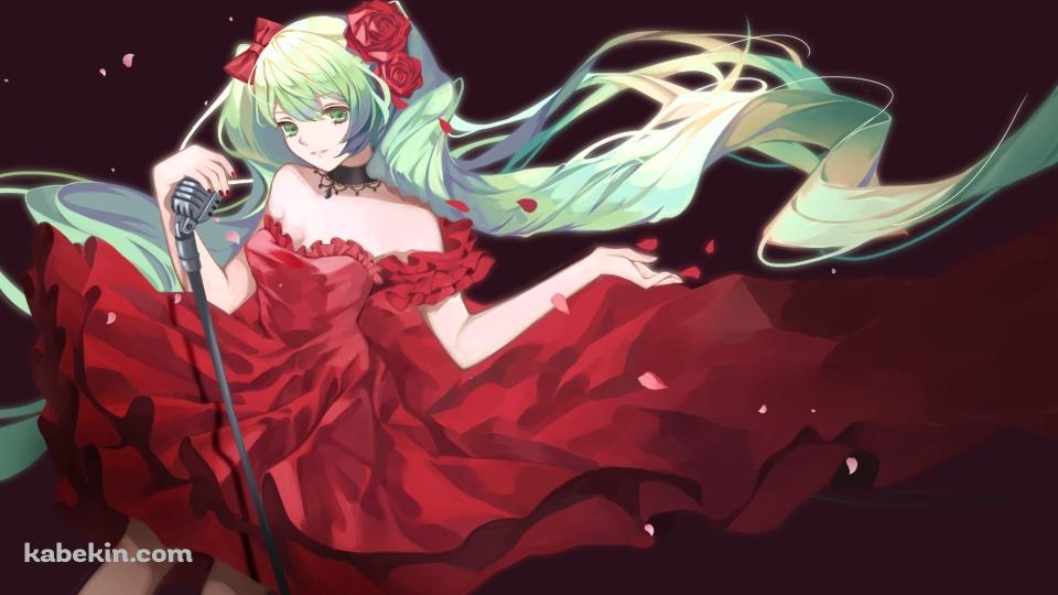 赤いドレスを着てマイクスタンドに手をかける初音ミク / ボカロ / ボーカロイドの壁紙(960px x 540px) 高画質 PC・デスクトップ用