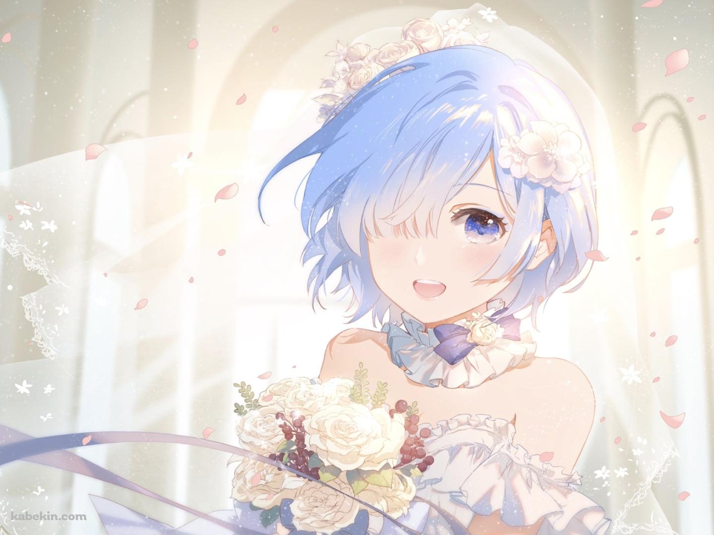 ウェディングドレスを着た可愛いレム / 白い薔薇のブーケ / 教会 / Re:ゼロから始める異世界生活の壁紙(1440px x 1080px) 高画質 PC・デスクトップ用