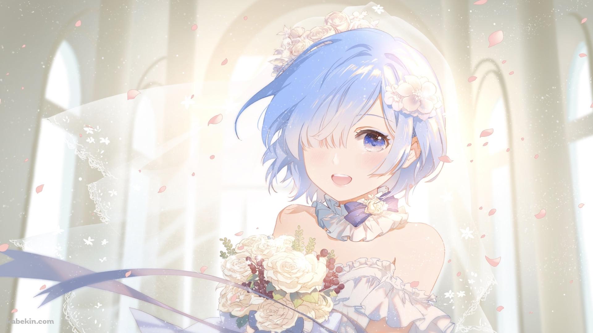 ウェディングドレスを着た可愛いレム / 白い薔薇のブーケ / 教会 / Re:ゼロから始める異世界生活の壁紙(1920px x 1080px) 高画質 PC・デスクトップ用