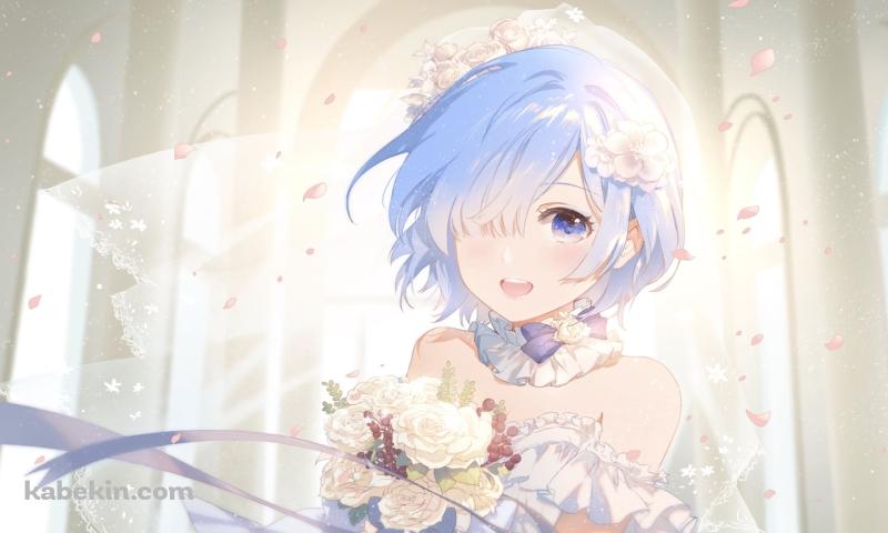 ウェディングドレスを着た可愛いレム / 白い薔薇のブーケ / 教会 / Re:ゼロから始める異世界生活の壁紙(800px x 480px) 高画質 PC・デスクトップ用