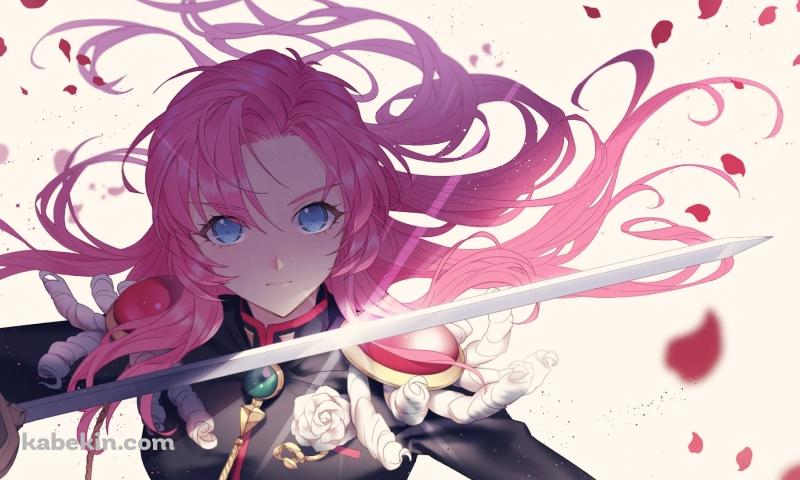 剣をかまえる天上ウテナ / 青い瞳 / ピンクの髪 / ピンクの花びら / 少女革命ウテナの壁紙(800px x 480px) 高画質 PC・デスクトップ用