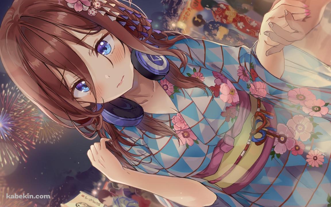 夏祭りで青い浴衣を着る可愛い中野三玖 / 打ち上げ花火 / 屋台 / 五等分の花嫁の壁紙(1152px x 720px) 高画質 PC・デスクトップ用