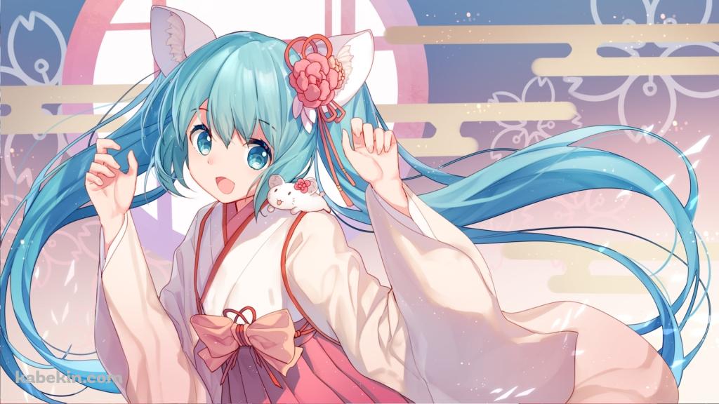 巫女の衣装を着た可愛い初音ミク / ネズミ年 / 干支 / ボカロ / ボーカロイドの壁紙(1024px x 576px) 高画質 PC・デスクトップ用