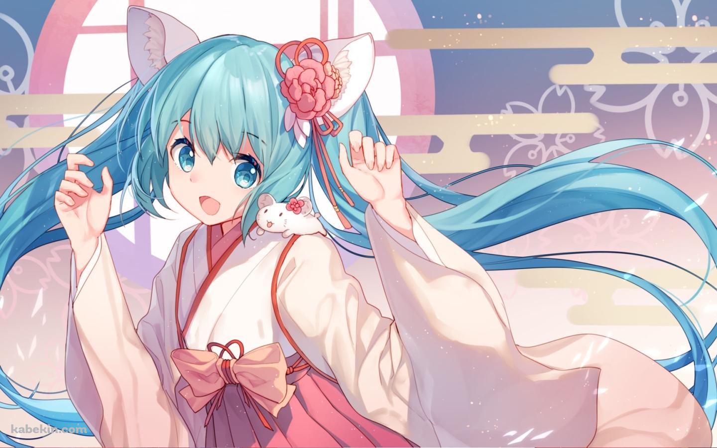 巫女の衣装を着た可愛い初音ミク / ネズミ年 / 干支 / ボカロ / ボーカロイドの壁紙(1440px x 900px) 高画質 PC・デスクトップ用