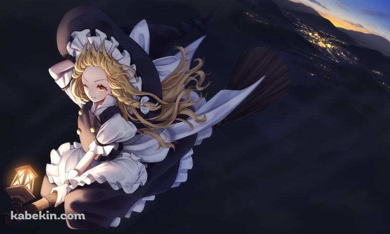 帽子をおさえて空を飛ぶ霧雨魔理沙 / 東方の壁紙(800px x 480px) 高画質 PC・デスクトップ用