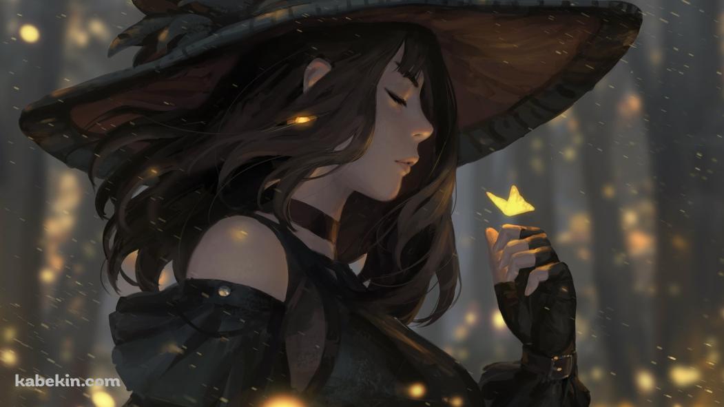 オレンジの蝶と目をつぶる魔女の壁紙(1051px x 591px) 高画質 PC・デスクトップ用