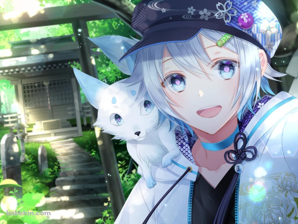 笑顔の遊月 / 鳥居 / 白い狐 / バーチャルYouTuber / Vtuberの壁紙(1024px x 768px) 高画質 PC・デスクトップ用