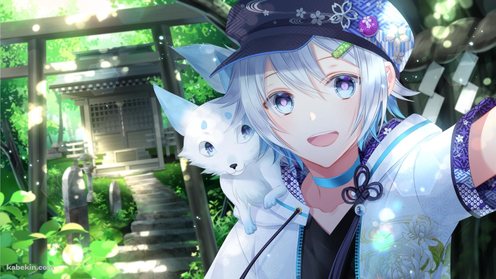 笑顔の遊月 / 鳥居 / 白い狐 / バーチャルYouTuber / Vtuberの壁紙(1600px x 900px) 高画質 PC・デスクトップ用