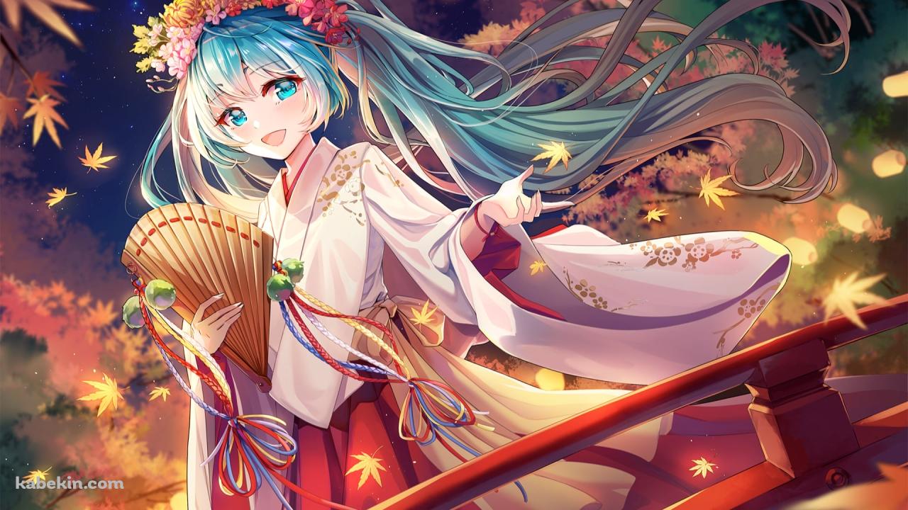 赤い橋の上で笑顔の初音ミク / 花の冠 / ボカロ / ボーカロイドの壁紙(1280px x 720px) 高画質 PC・デスクトップ用