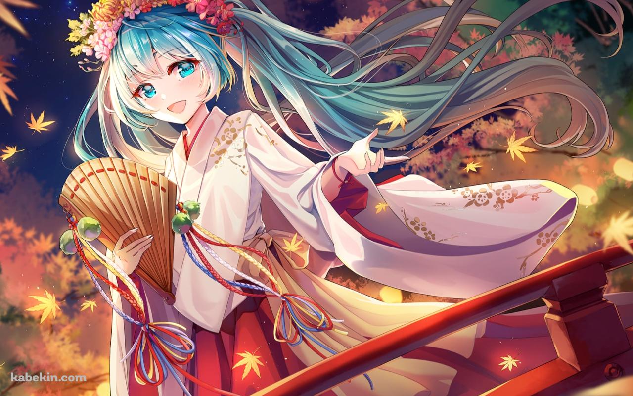 赤い橋の上で笑顔の初音ミク / 花の冠 / ボカロ / ボーカロイドの壁紙(1280px x 800px) 高画質 PC・デスクトップ用