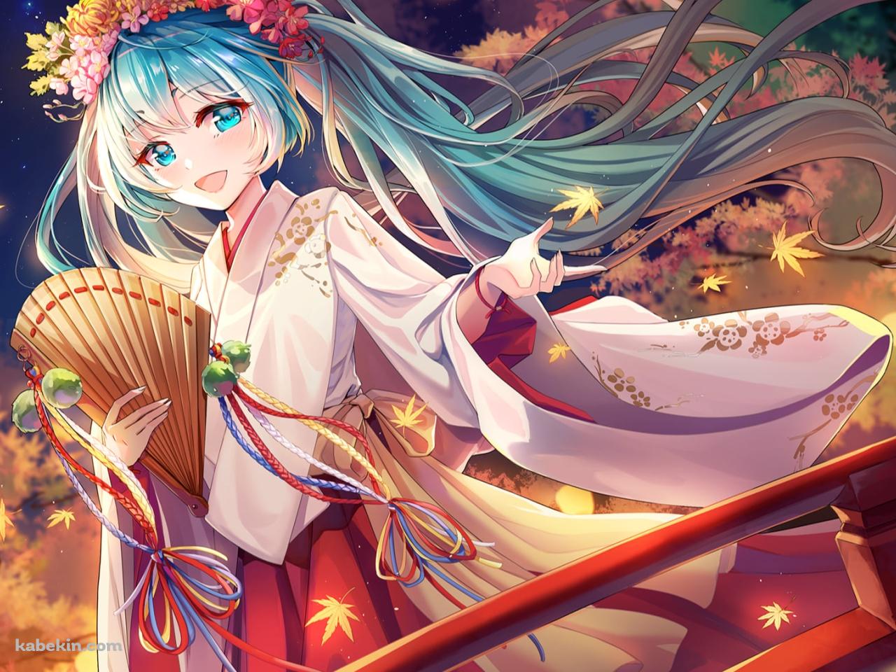 赤い橋の上で笑顔の初音ミク / 花の冠 / ボカロ / ボーカロイドの壁紙(1280px x 960px) 高画質 PC・デスクトップ用