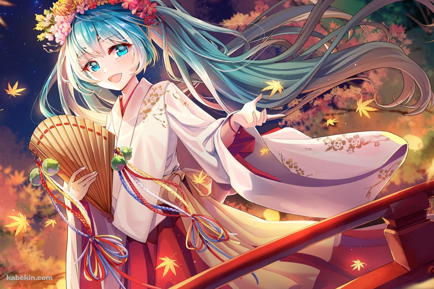 赤い橋の上で笑顔の初音ミク / 花の冠 / ボカロ / ボーカロイドの壁紙(1440px x 960px) 高画質 PC・デスクトップ用