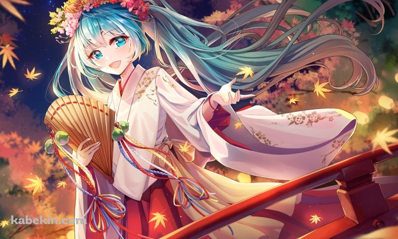 赤い橋の上で笑顔の初音ミク / 花の冠 / ボカロ / ボーカロイドの壁紙(800px x 480px) 高画質 PC・デスクトップ用