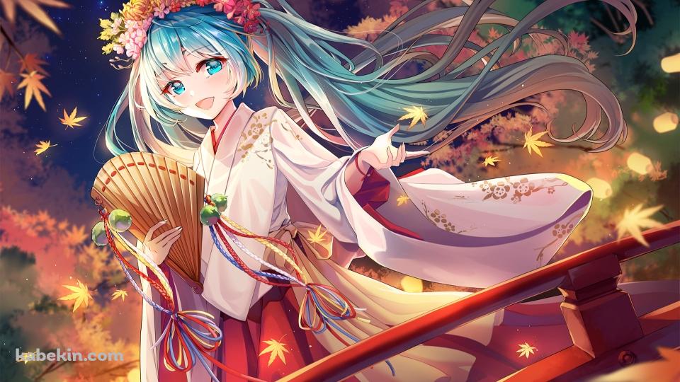 赤い橋の上で笑顔の初音ミク / 花の冠 / ボカロ / ボーカロイドの壁紙(960px x 540px) 高画質 PC・デスクトップ用